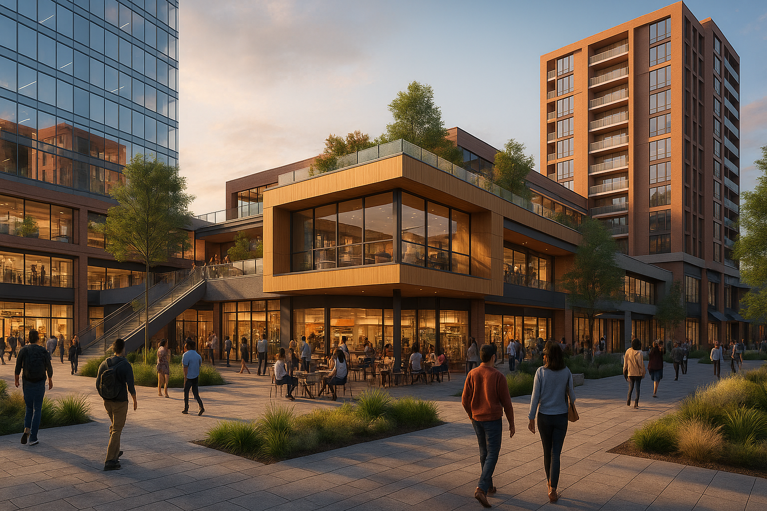 Reconversión de centro comercial en espacio urbano mixto con peatones y terrazas
