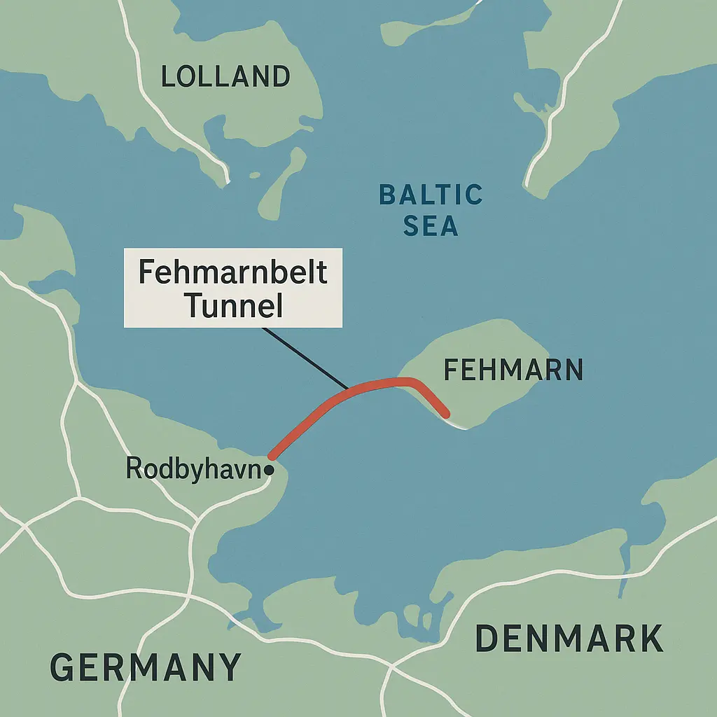 Mapa del túnel de Fehmarnbelt entre Dinamarca y Alemania bajo el mar Báltico