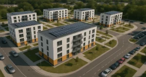 Vista aérea de viviendas protegidas modernas y sostenibles en entorno urbano en España