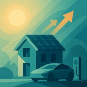 Vivienda de energía positiva representada de forma conceptual, con flechas de energía saliente