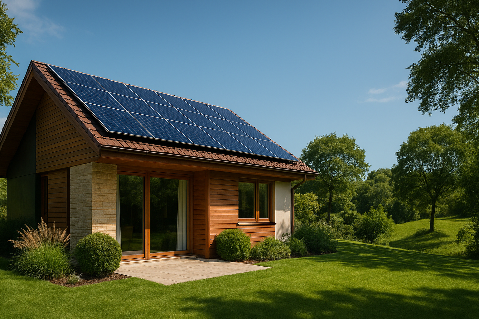 Ejemplo de vivienda net zero en España con placas solares y entorno natural