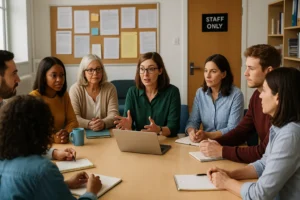 Docentes reunidos en una sala de profesores debatiendo sobre la vivienda para docentes en Barcelona