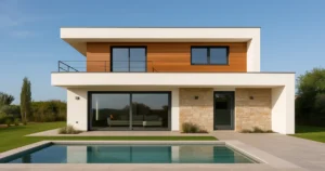 Vivienda pasiva moderna en España con diseño contemporáneo, jardín y piscina