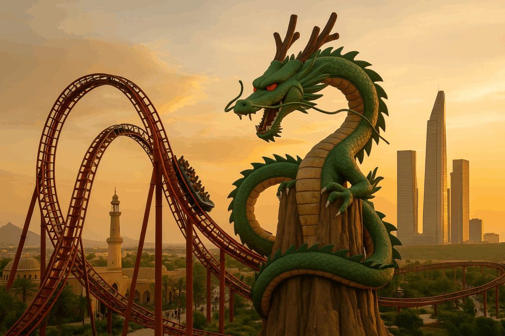 Vista panorámica del parque temático Dragon Ball en Arabia Saudí con la montaña rusa de Shenron
