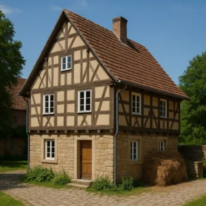 Casa tradicional alemana de entramado de madera con base de piedra y tejado de tejas rojas.
