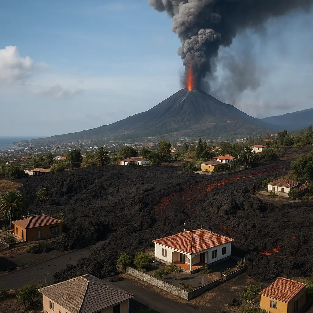 Casas afectadas por la lava de un volcán en erupción en un entorno residencial