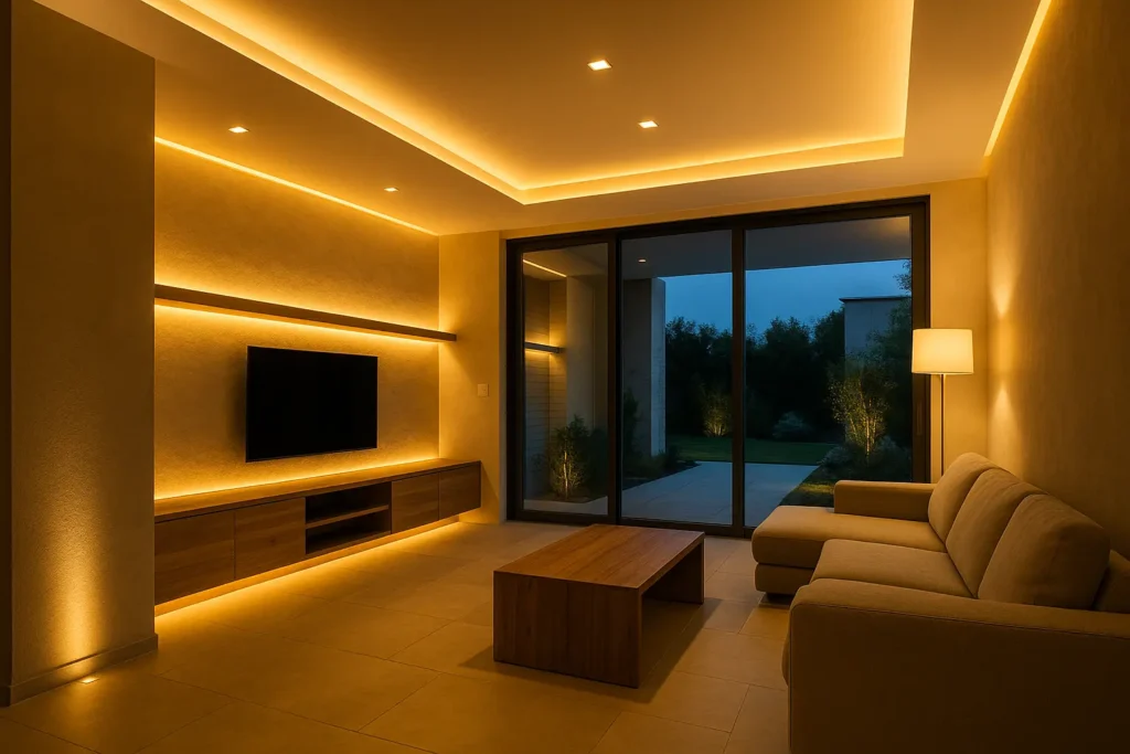 Espacio arquitectónico con iluminación LED integrada, diseño moderno y eficiencia energética