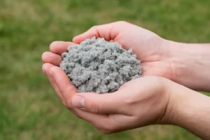 Manos sosteniendo trozos de celulosa reciclada utilizada como aislante térmico