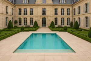 Piscina circular oculta con fondo móvil en el patio de un palacete francés de estilo neoclásico, con fachada de piedra clara y jardín simétrico