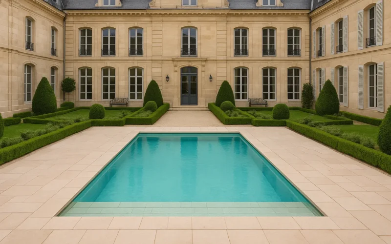 Piscina circular oculta con fondo móvil en el patio de un palacete francés de estilo neoclásico, con fachada de piedra clara y jardín simétrico