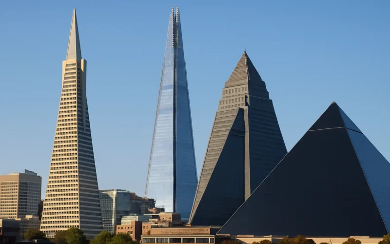 Edificios con forma de pirámide: Transamerica Pyramid, The Shard, Ryugyong Hotel y Luxor Hotel bajo un cielo azul