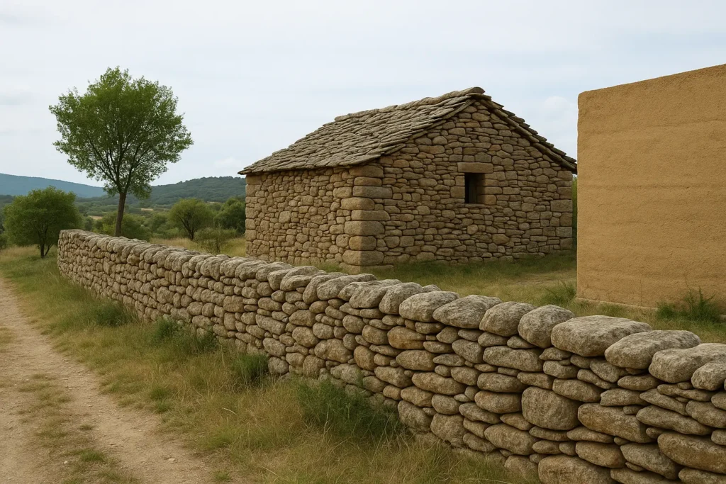 Casa rural construida con piedra seca junto a un muro de tapial en un entorno natural