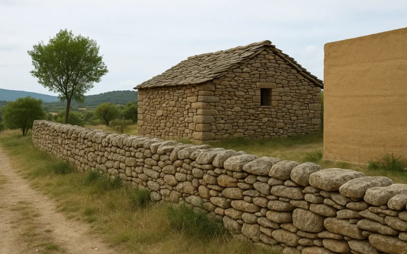 Casa rural construida con piedra seca junto a un muro de tapial en un entorno natural