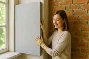 mujer instala panel aislante decorativo para aislar casa antigua sin obra
