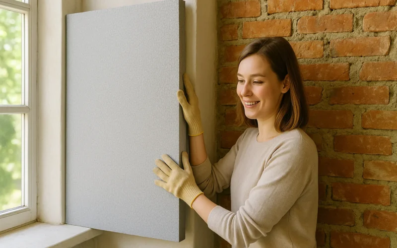 mujer instala panel aislante decorativo para aislar casa antigua sin obra