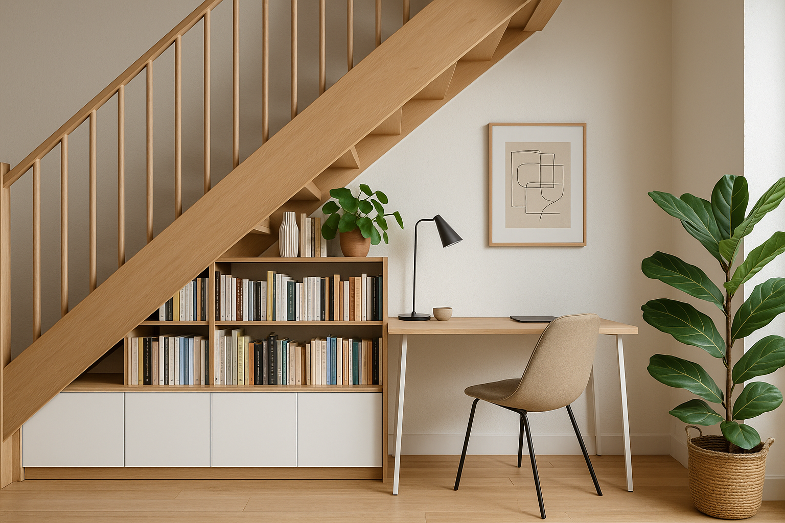 Aprovechar el espacio bajo la escalera con escritorio y librería en estilo escandinavo