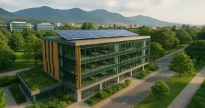 Vista aérea de edificio con paneles solares y cubierta verde en Colombia o México