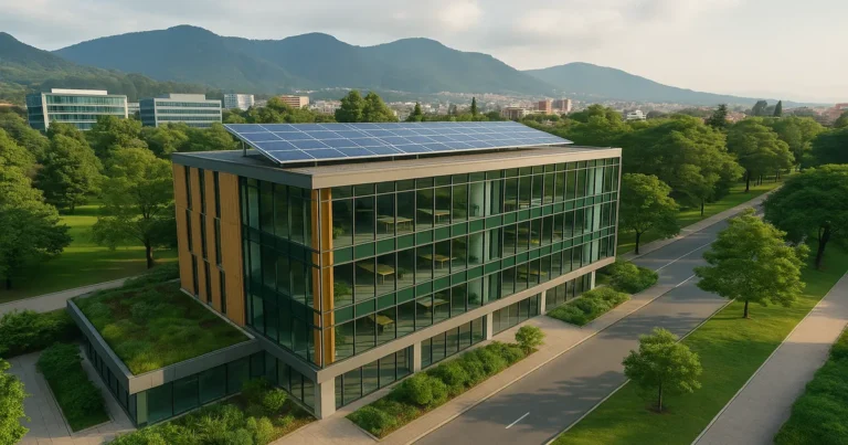 Vista aérea de edificio con paneles solares y cubierta verde en Colombia o México
