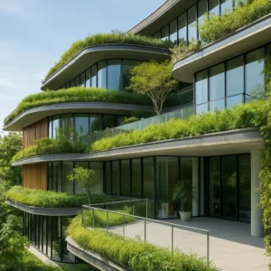 Fachada de edificio moderno con terrazas ajardinadas y diseño sostenible