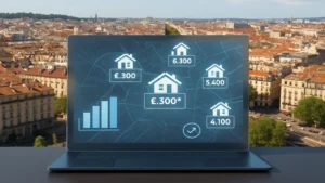 Ordenador con mapa urbano y gráficos de precios de vivienda en una ciudad europea