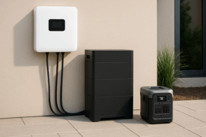 batería solar e inversor junto a generador portátil en vivienda moderna