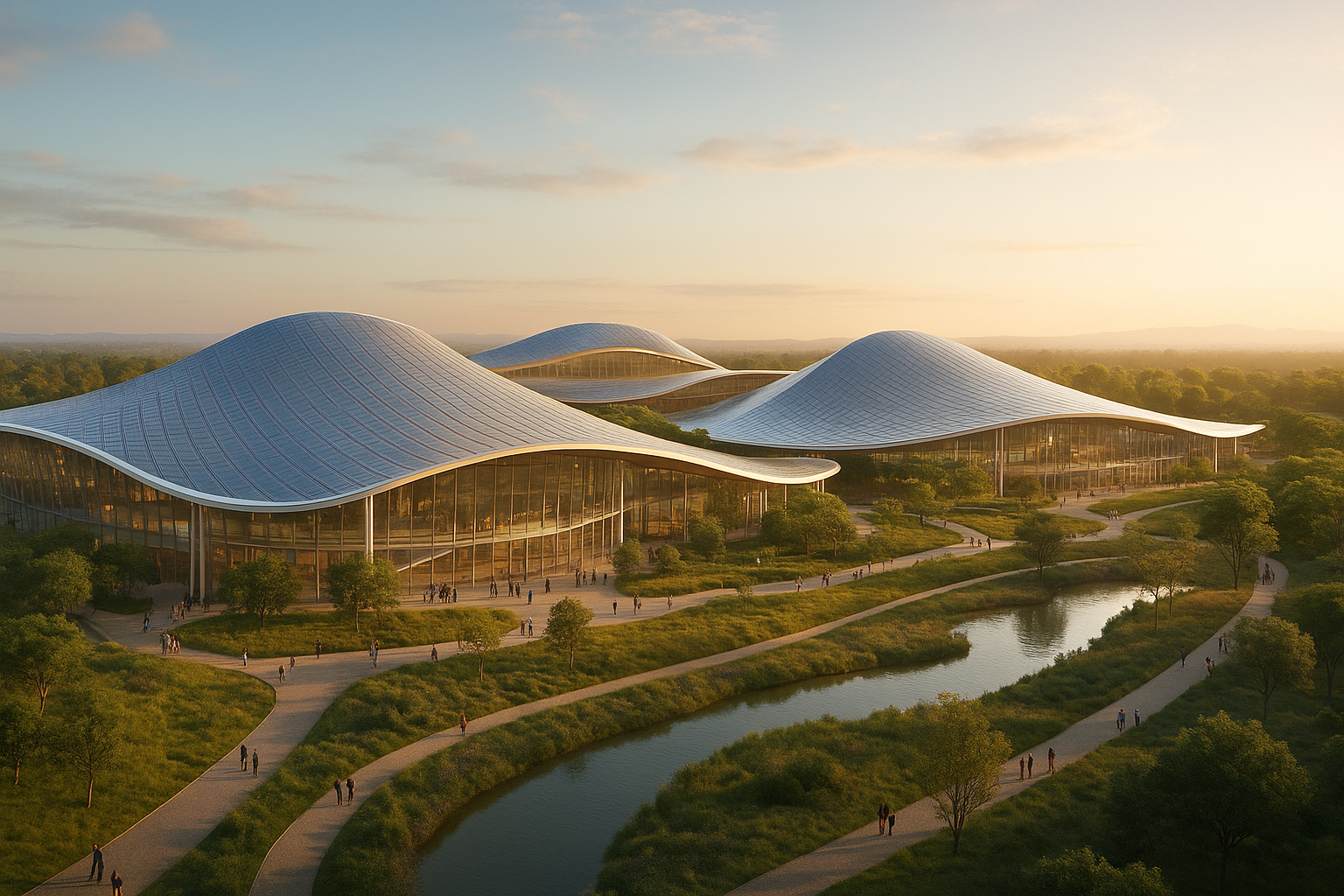 Render del nuevo campus de Google en Silicon Valley con cubiertas curvas y paisajismo sostenible