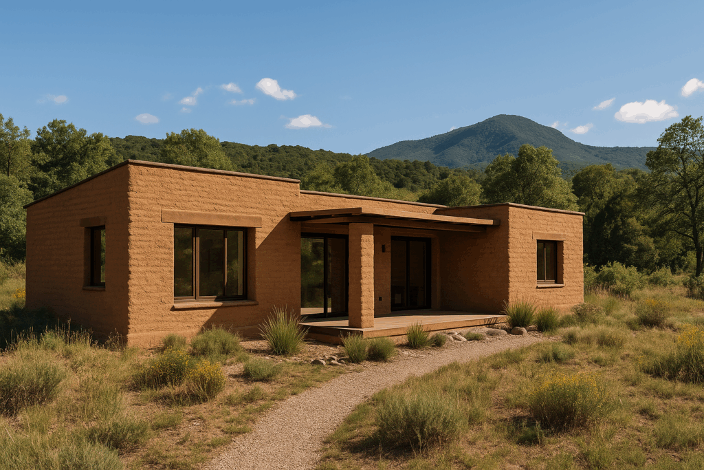 Casa moderna construida con adobe en entorno natural sostenible