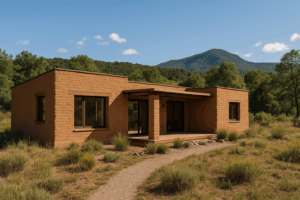 Casa moderna construida con adobe en entorno natural sostenible