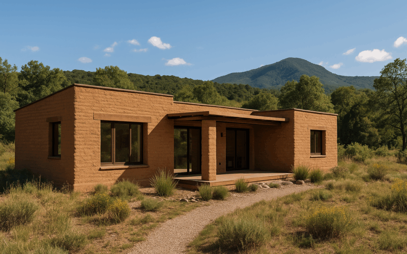 Casa moderna construida con adobe en entorno natural sostenible