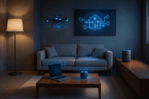 interior de una casa sin enchufes con dispositivos funcionando por electricidad inalámbrica