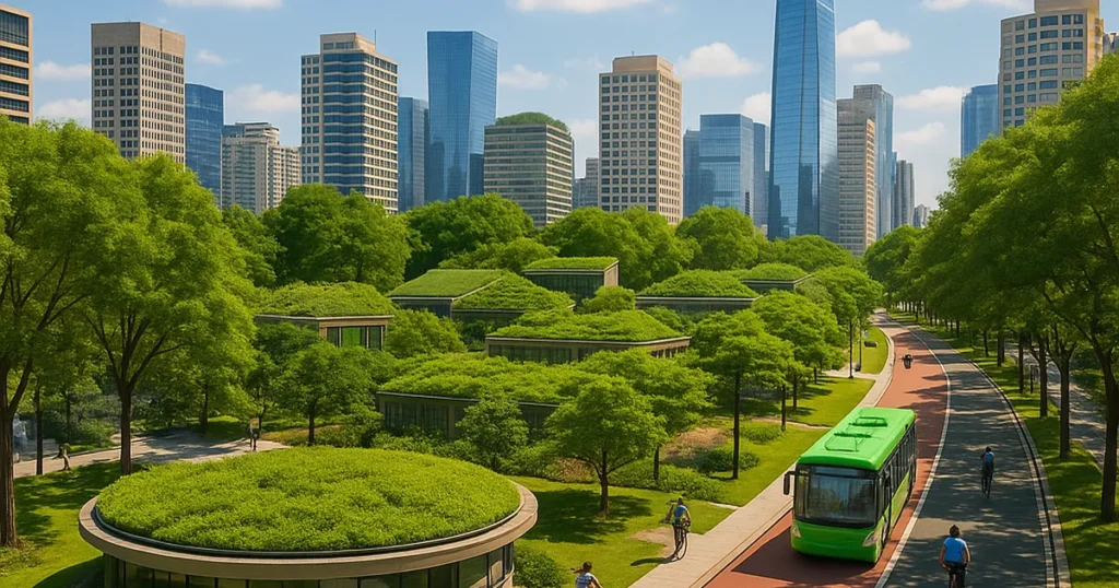 Ciudad sostenible con ciclovías, techos verdes y arquitectura moderna