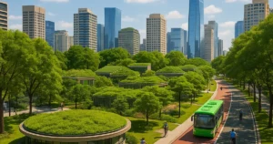 Ciudad sostenible con ciclovías, techos verdes y arquitectura moderna