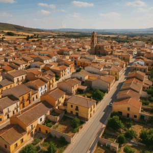 Vista aérea de un pueblo económico con casas en venta
