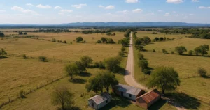 Imagen aérea realista de un terreno rural en Argentina con casas, vegetación y caminos de tierra