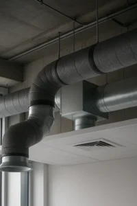 Conductos de ventilación forzada insonorizados en techo técnico de edificio moderno, con aislamiento acústico visible.