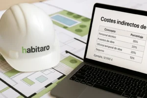 Casco blanco con logotipo Habitaro y portátil con presupuesto de costes indirectos sobre planos de vivienda con jardín y piscina