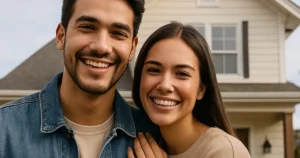 Pareja joven frente a su vivienda en Chile, representando créditos hipotecarios en Chile en 2025