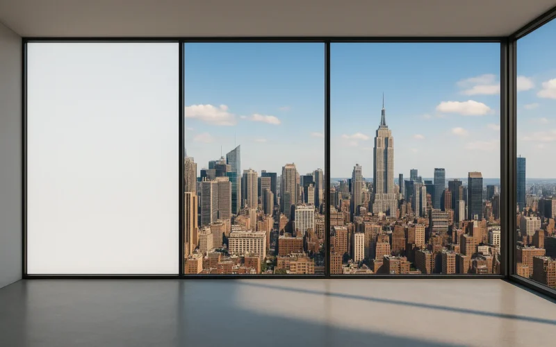 Vidrios inteligentes con vista panorámica al skyline desde interior vacío