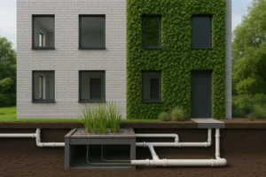 Vista de edificio moderno con fachada vegetal y sistema de saneamiento sostenible subterráneo