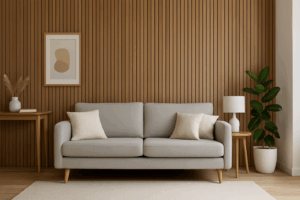 Decorar con paneles de madera en salón estilo escandinavo con lamas verticales
