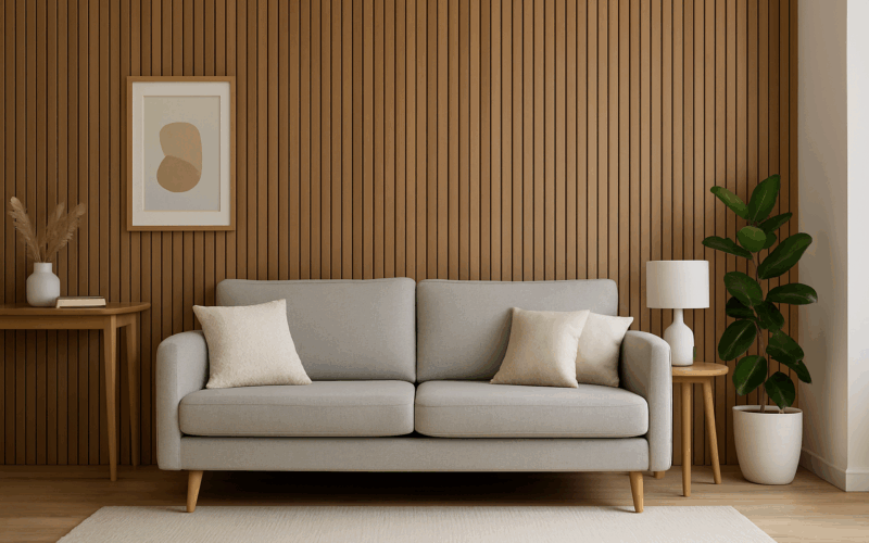 Decorar con paneles de madera en salón estilo escandinavo con lamas verticales