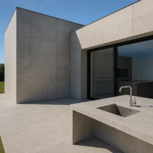 Fachada minimalista con superficie Dekton gris en exterior