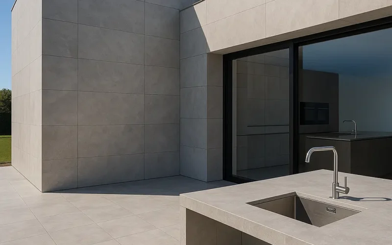 Fachada minimalista con superficie Dekton gris en exterior