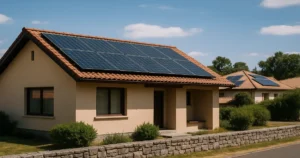 Casa con paneles solares en el techo en un entorno residencial latinoamericano