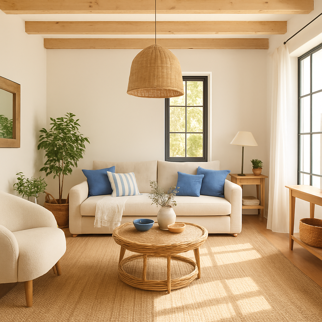 salón decorado con estilo mediterráneo, luz natural y materiales naturales