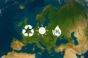Vista satelital de Europa con iconos de reciclaje, energía solar e hidrógeno verde superpuestos en el mapa