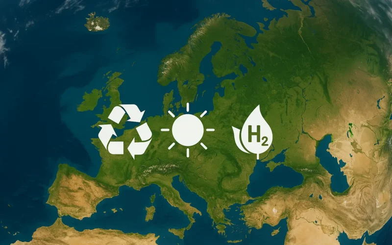 Vista satelital de Europa con iconos de reciclaje, energía solar e hidrógeno verde superpuestos en el mapa