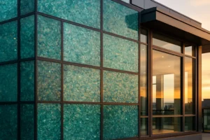 Fachada de edificio sostenible con paneles de vidrio reciclado texturizado