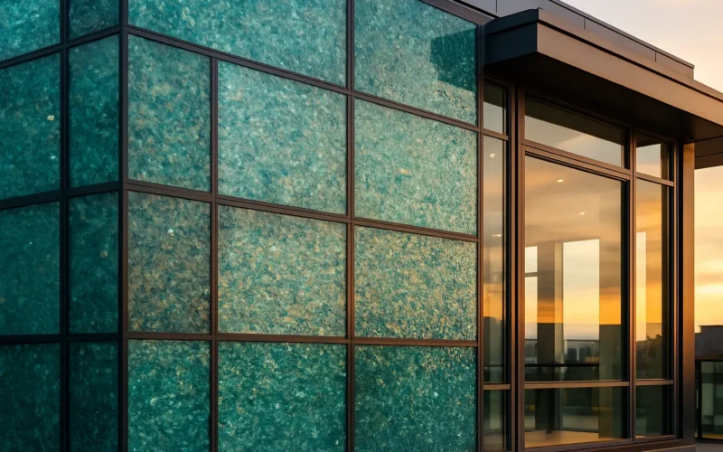 Fachada de edificio sostenible con paneles de vidrio reciclado texturizado