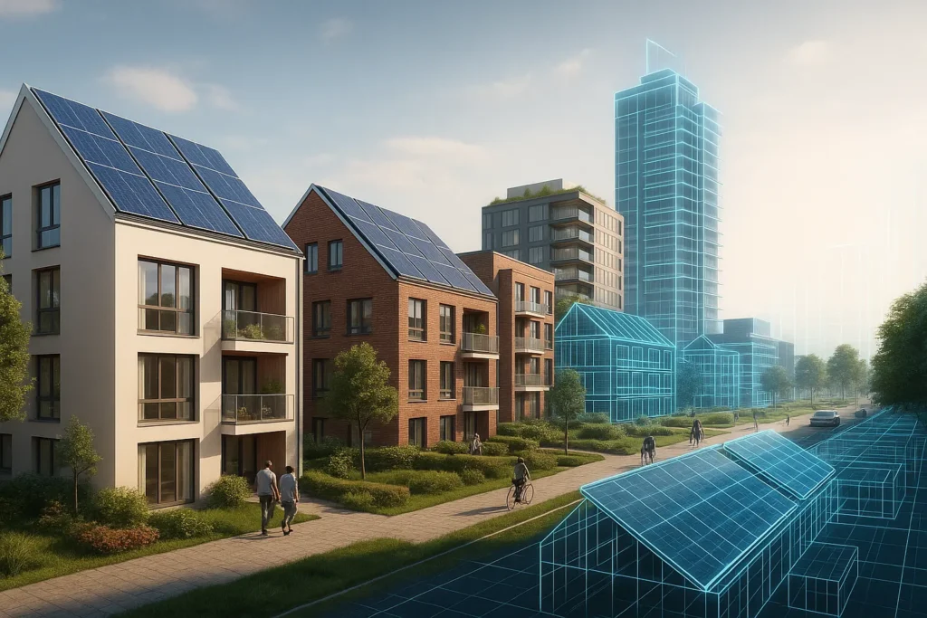 Vista de un barrio europeo sostenible con edificios reales y su gemelo digital en wireframe, integrando solar y planificación urbana